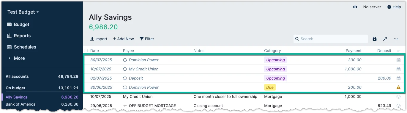 Accont Register View with future schedules
